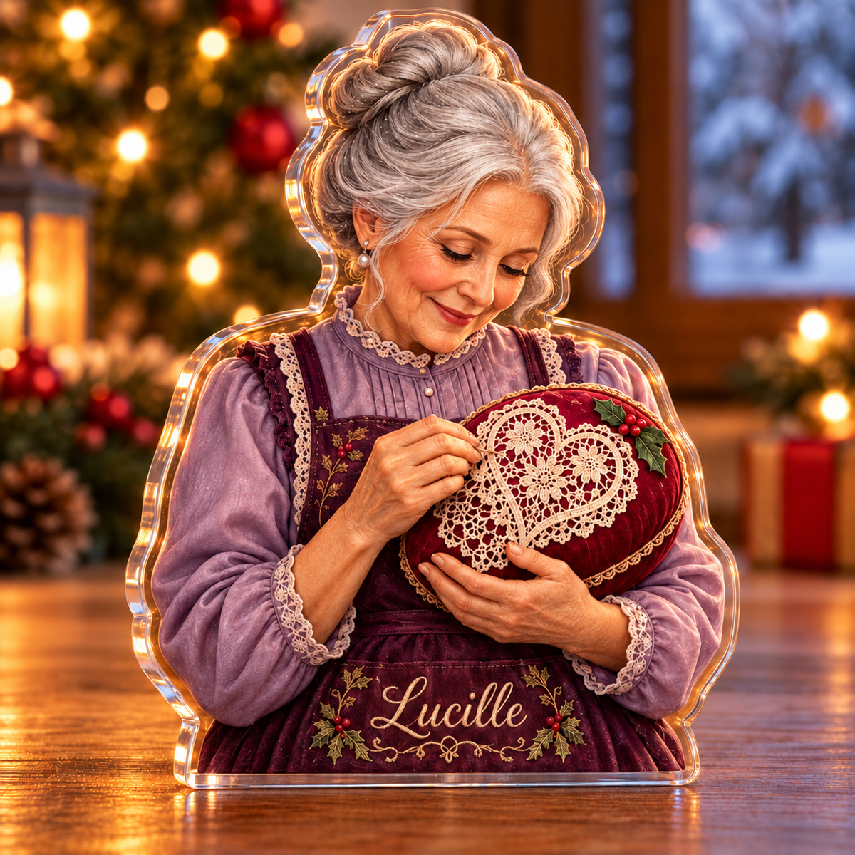 Front-view digital preview of a Christmas lace maker delicate heart acrylic plaque with example name Lucille integrated into the lace maker apron front name embroidery