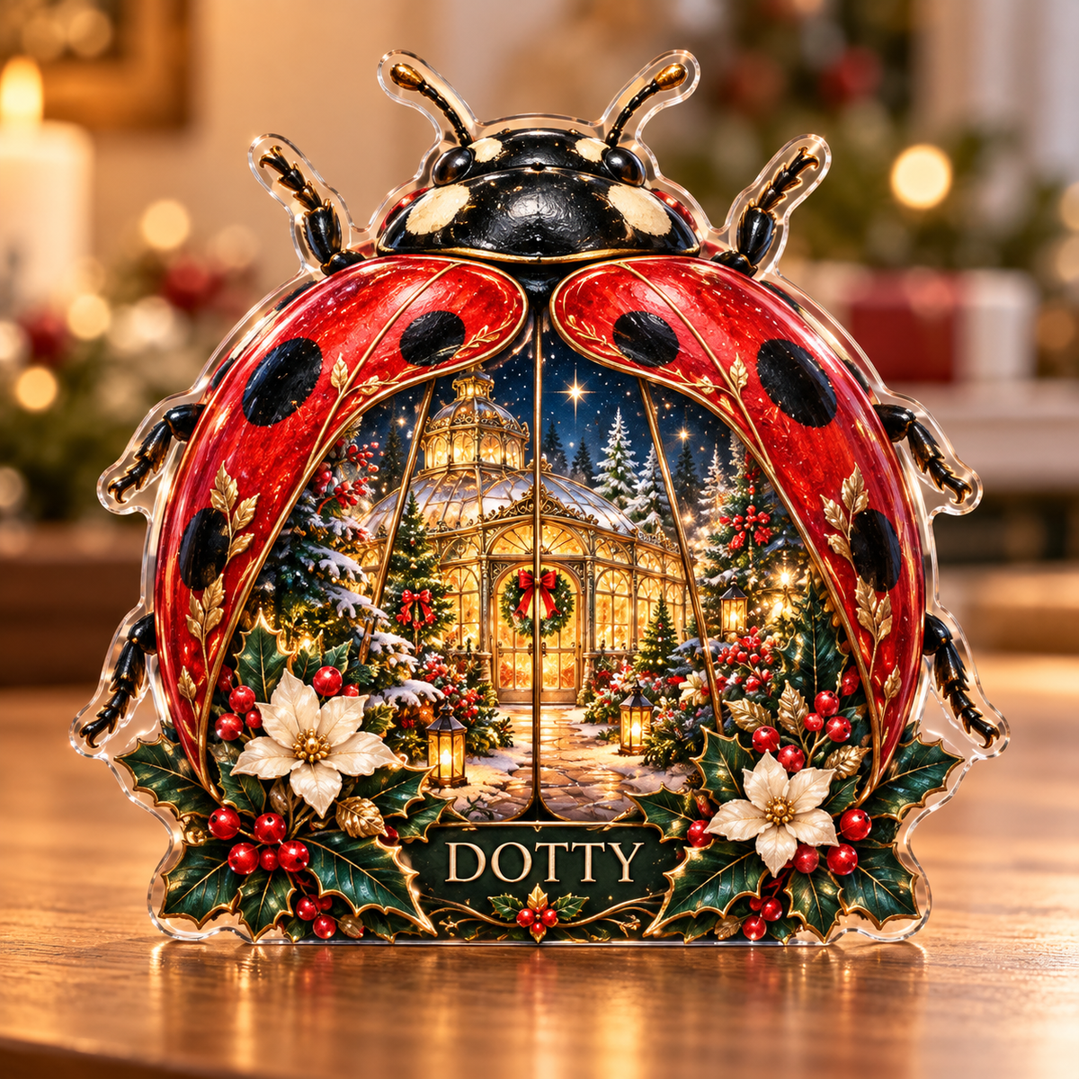 Front-view digital preview of a Christmas ladybug ruby greenhouse acrylic plaque with example name Dotty integrated into the lower ladybug botanical detail