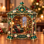 Front-view digital preview of a Christmas lantern emerald library acrylic plaque with example name Laurel integrated into the lower lantern botanical detail