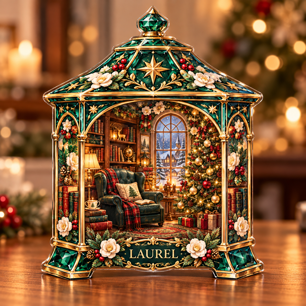 Front-view digital preview of a Christmas lantern emerald library acrylic plaque with example name Laurel integrated into the lower lantern botanical detail