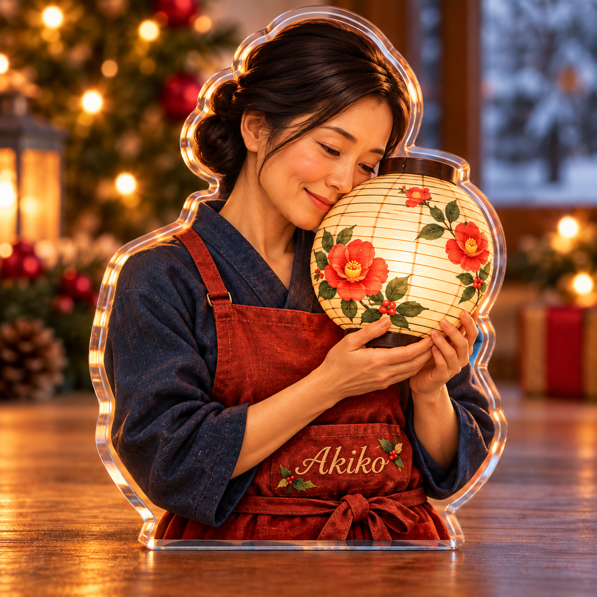 Front-view digital preview of a Christmas lantern maker warm wish acrylic plaque with example name Akiko integrated into the lantern maker apron front name embroidery