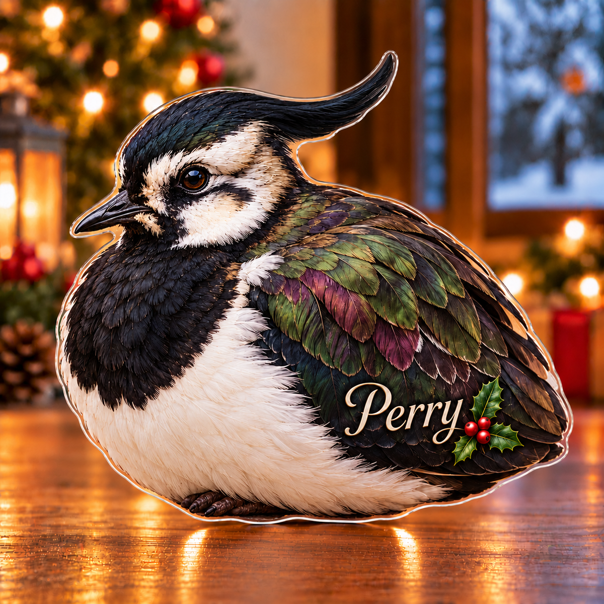 Front-view digital preview of a Christmas lapwing iridescent wish acrylic plaque with example name Perry integrated into the lower folded wing