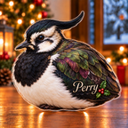 Front-view digital preview of a Christmas lapwing iridescent wish acrylic plaque with example name Perry integrated into the lower folded wing