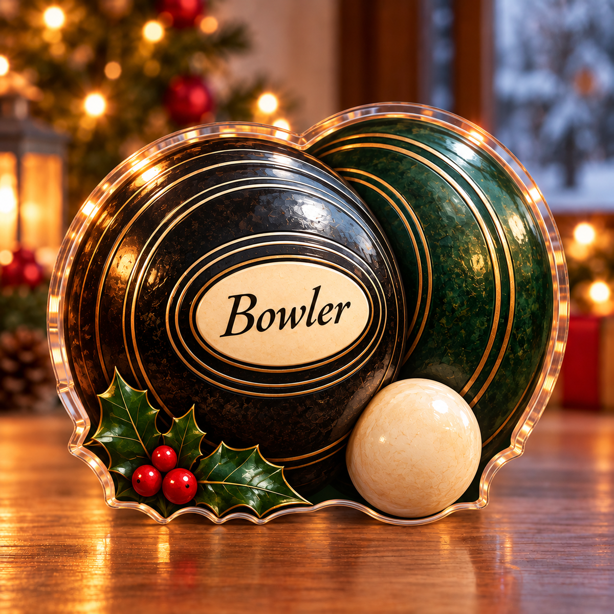 Front-view digital preview of a Christmas lawn bowls gentle rivalry acrylic plaque with example name Bowler integrated into the front lawn bowl ivory name cartouche