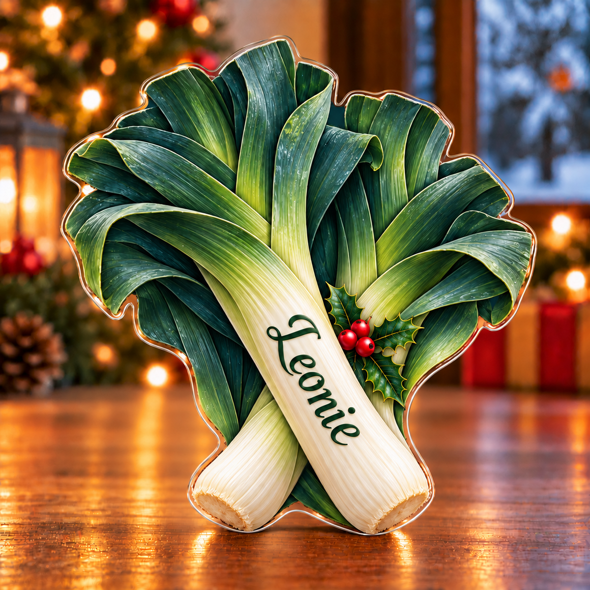 Front-view digital preview of a Christmas leek winter harvest acrylic plaque with example name Leonie integrated into the front leek sheath