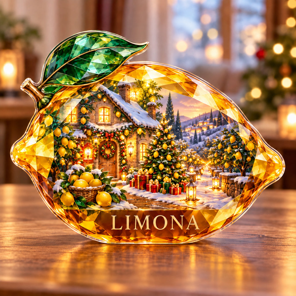 Front-view digital preview of a Christmas amber lemon acrylic plaque with example name LIMONA integrated into the lowest fruit body facets