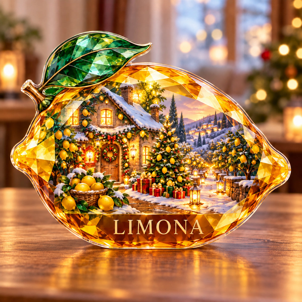 Front-view digital preview of a Christmas amber lemon acrylic plaque with example name LIMONA integrated into the lowest fruit body facets