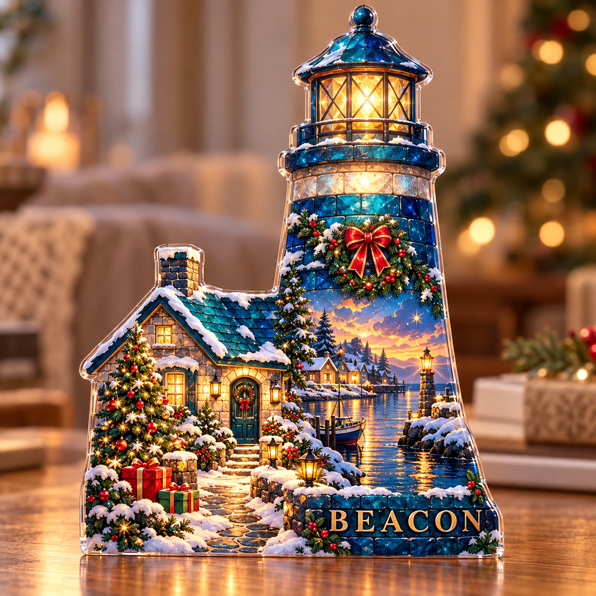 Front-view digital preview of a Christmas sapphire lighthouse acrylic plaque with example name BEACON integrated into the lowest tower masonry facets