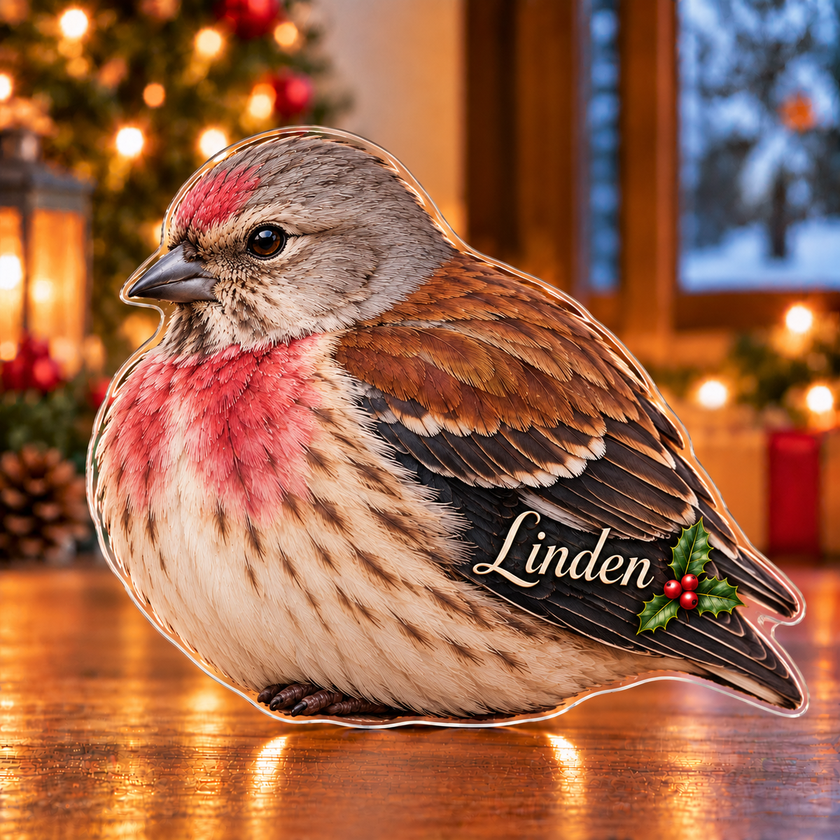 Front-view digital preview of a Christmas linnet heather song acrylic plaque with example name Linden integrated into the lower folded wing