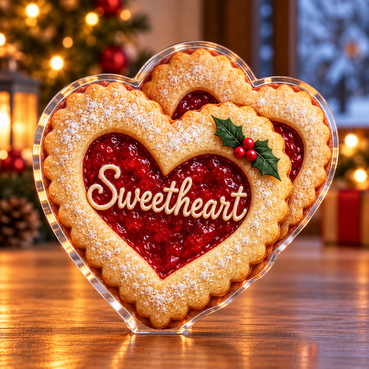 Front-view digital preview of a Christmas linzer heart jam acrylic plaque with example name Sweetheart integrated into the front heart cookie icing name detail