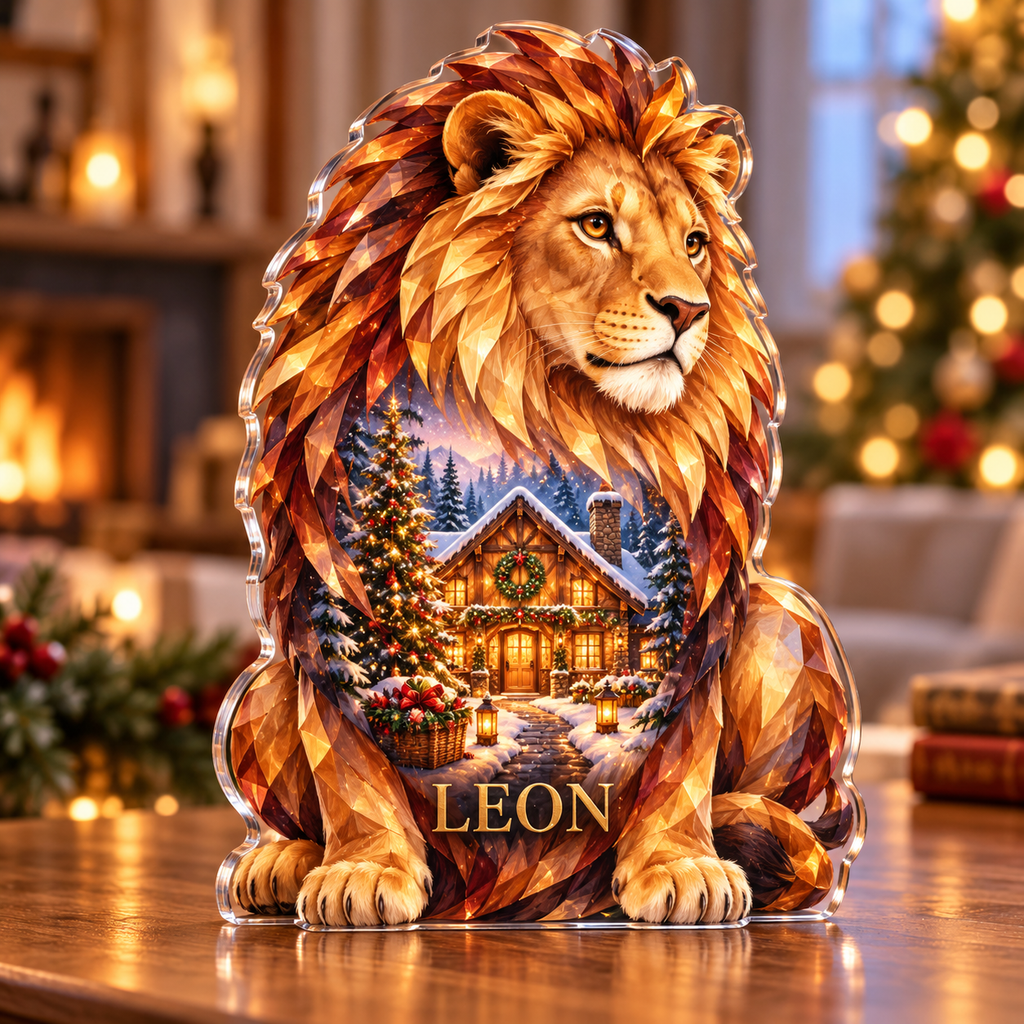 Front-view digital preview of a Christmas lion amber royallodge acrylic plaque with example name LEON integrated into the lower chest fur facets
