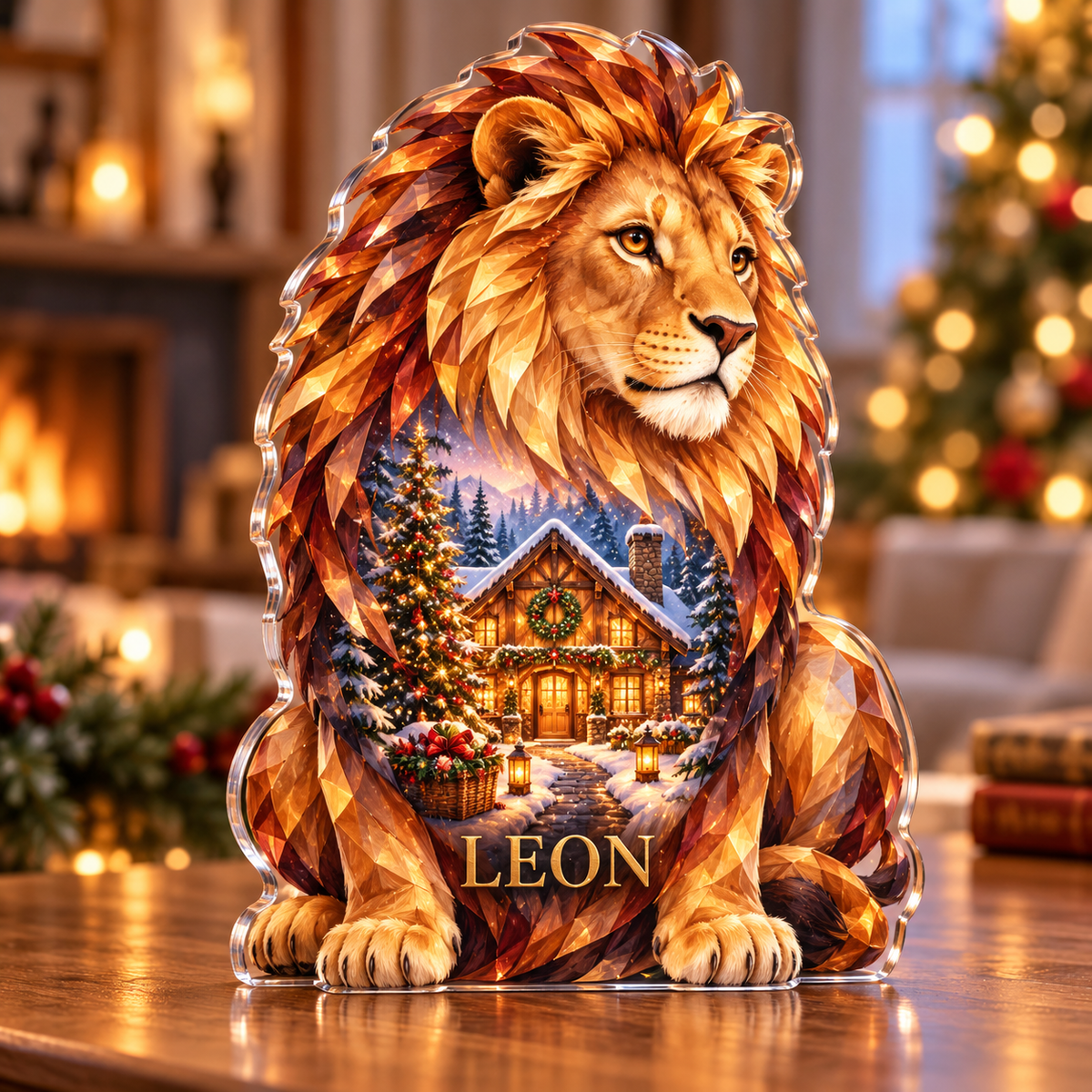 Front-view digital preview of a Christmas lion amber royallodge acrylic plaque with example name LEON integrated into the lower chest fur facets