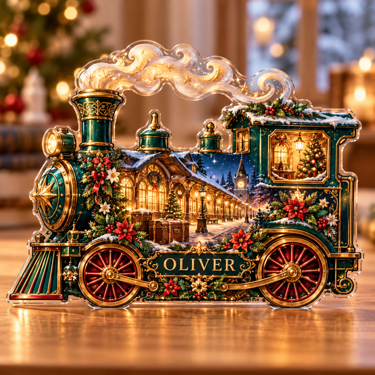 Front-view digital preview of a Christmas locomotive emerald station acrylic plaque with example name Oliver integrated into the lower engine floral detail