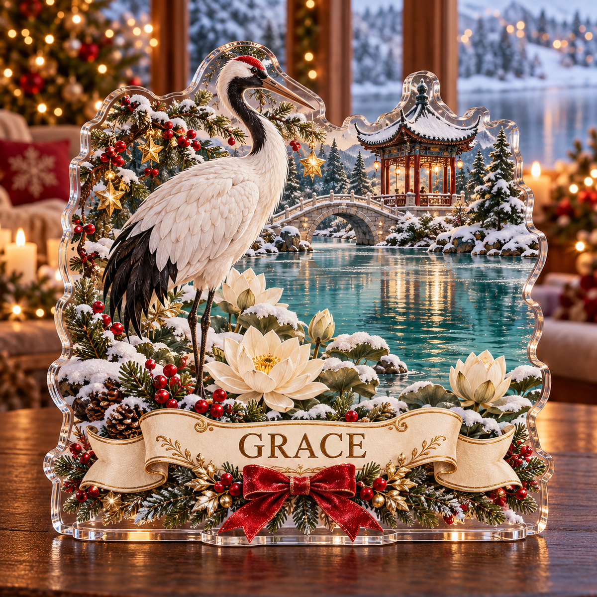 Front-view digital preview of a personalized Christmas lotus crane lake pavilion acrylic plaque with example name GRACE
