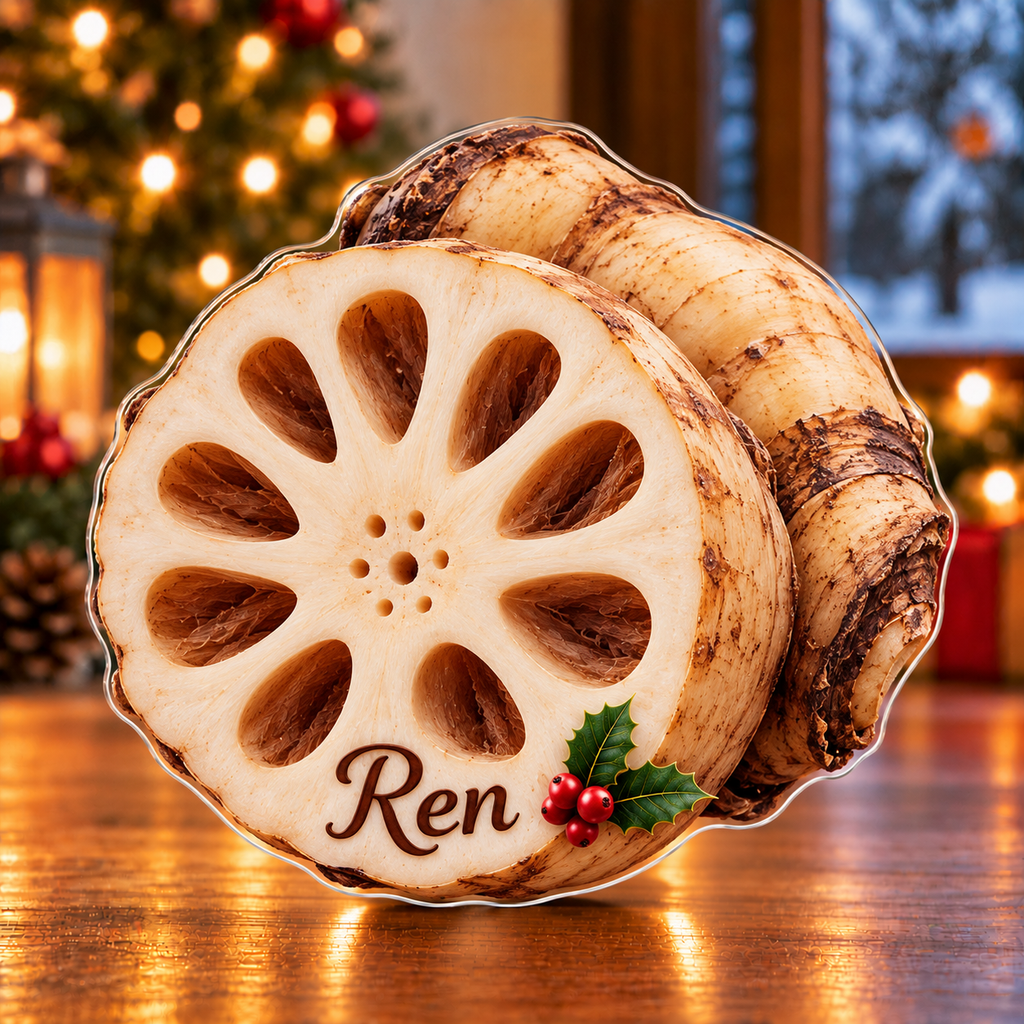 Front-view digital preview of a Christmas lotus root pattern memory acrylic plaque with example name Ren integrated into the lower cut-face rim