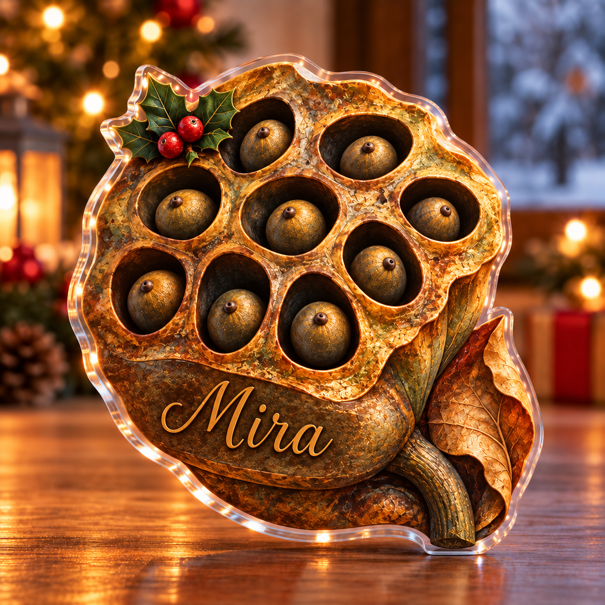 Front-view digital preview of a Christmas lotus pod wish acrylic plaque with example name Mira integrated into the the illustrated lower seedpod name detail