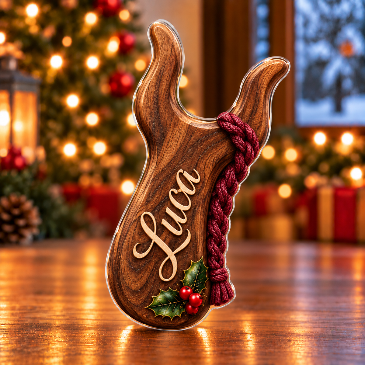 Front-view digital preview of a Christmas lucet fork cord pride acrylic plaque with example name Luca integrated into the wooden handle face