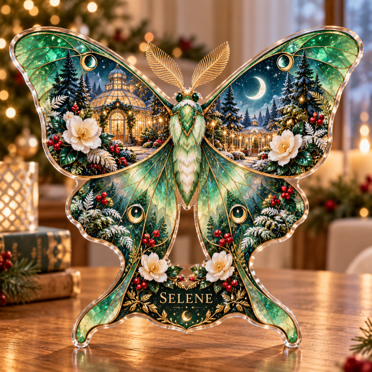 Front-view digital preview of a Christmas luna moth moonlit conservatory acrylic plaque with example name Selene integrated into the lower wing botanical detail
