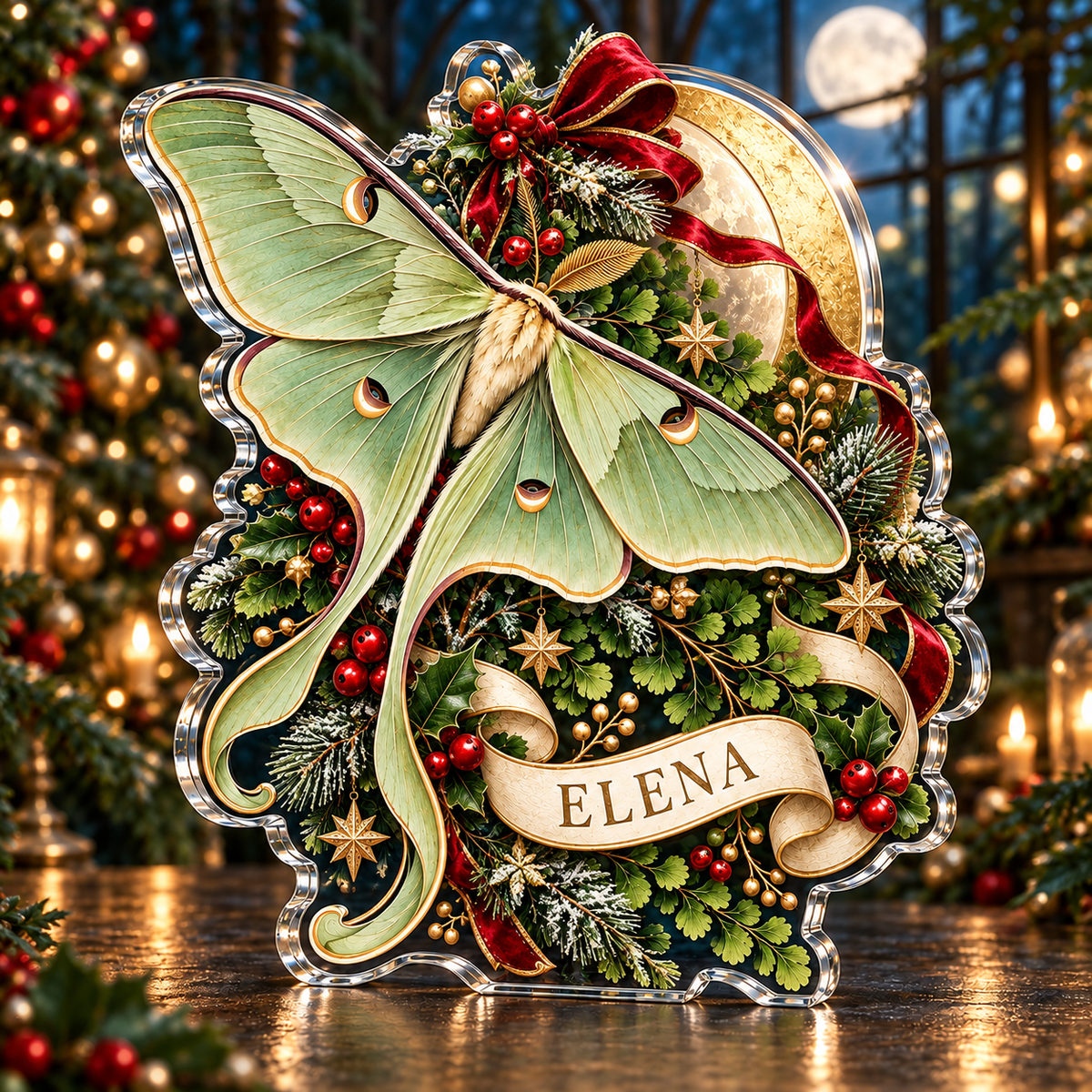 Front-view digital preview of a personalized Christmas luna moth, fern and crescent acrylic plaque with example name ELENA