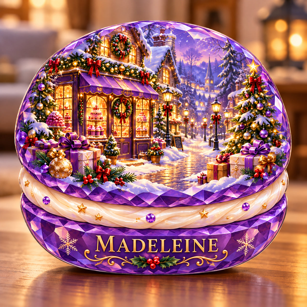 Front-view digital preview of a Christmas amethyst macaron acrylic plaque with example name MADELEINE integrated into the lowest intrinsic macaron shell facets