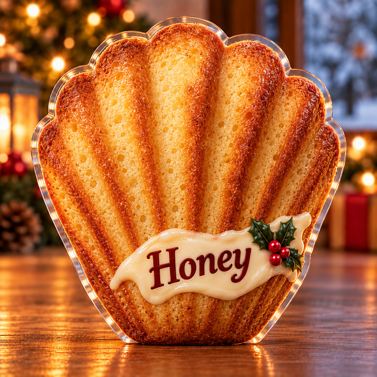 Front-view digital preview of a Christmas madeleine sweet joy acrylic plaque with example name Honey integrated into the the illustrated lower icing name detail