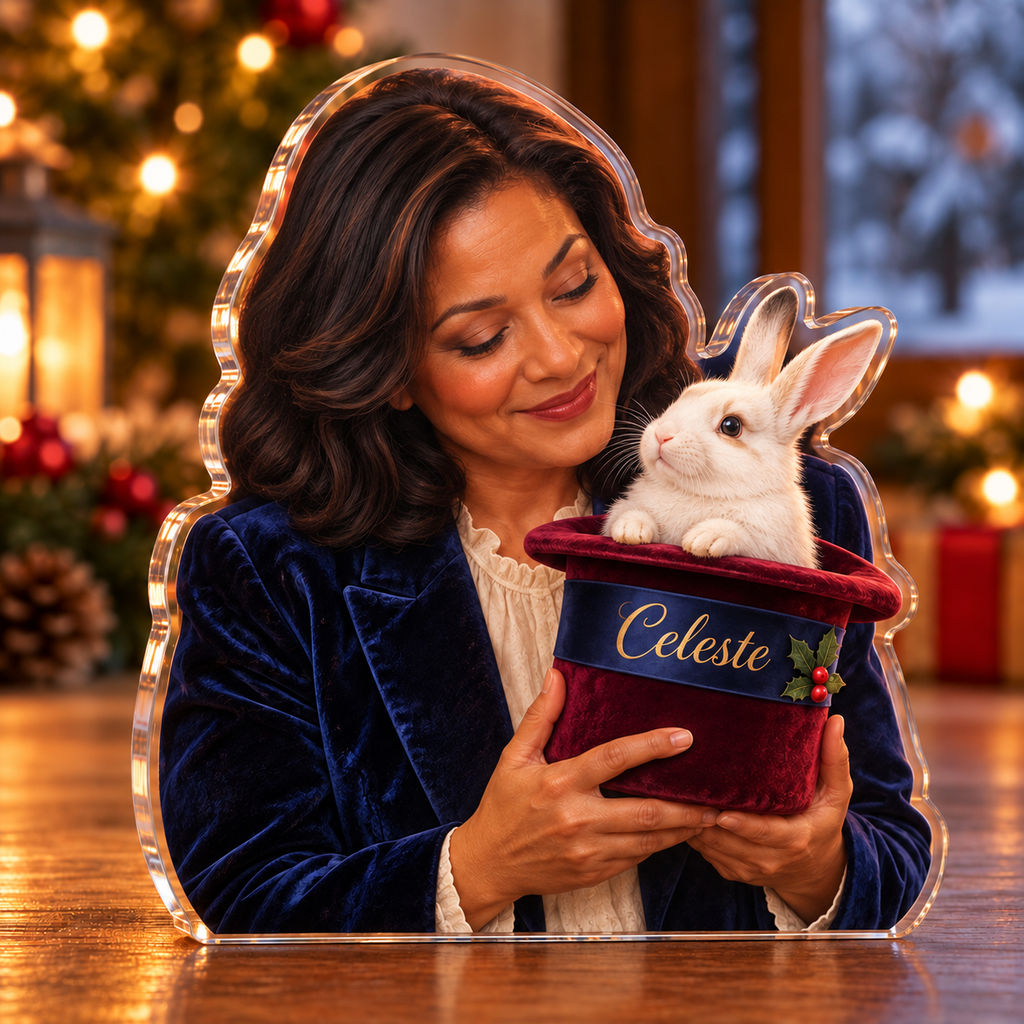 Front-view digital preview of a Christmas magician gentle surprise acrylic plaque with example name Celeste integrated into the the illustrated velvet hat band name lettering
