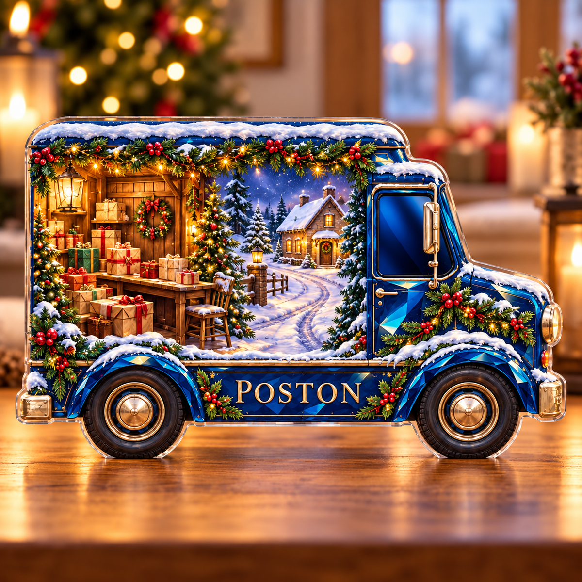 Front-view digital preview of a Christmas sapphire mail truck acrylic plaque with example name POSTON integrated into the lowest vehicle body sill