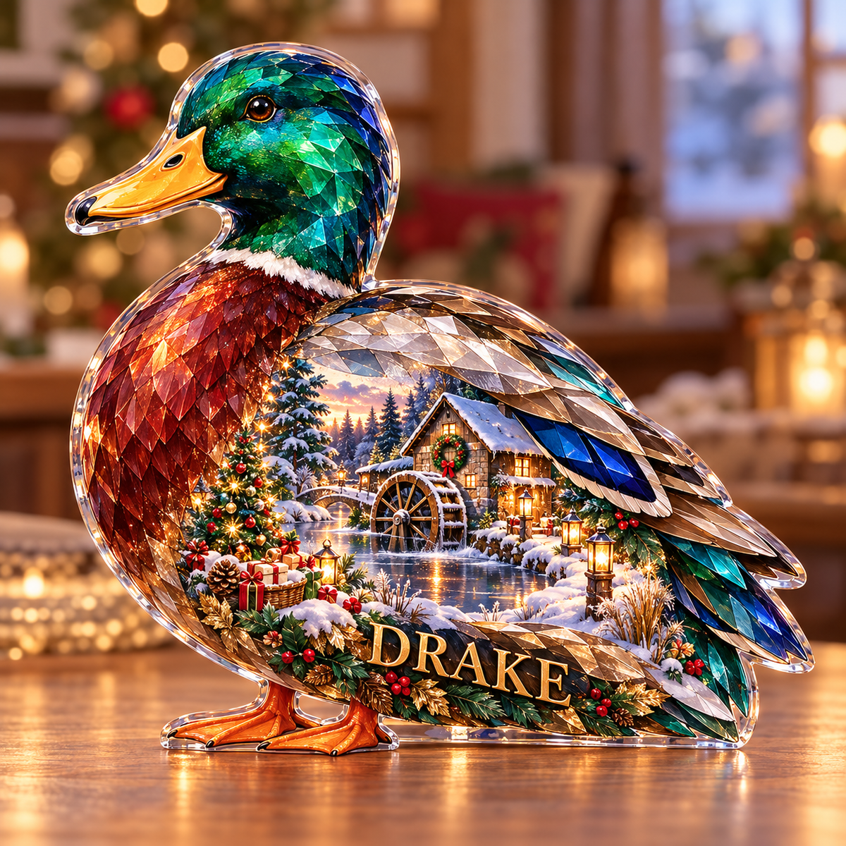 Front-view digital preview of a Christmas mallard emerald millpond acrylic plaque with example name DRAKE integrated into the lower flank feather facets