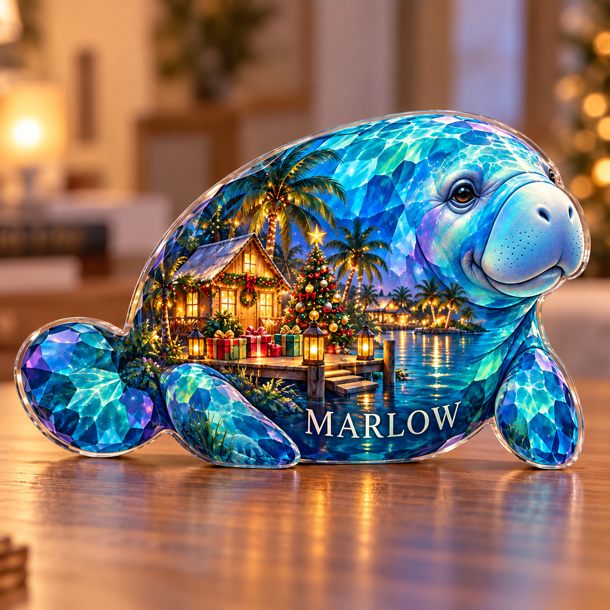 Front-view digital preview of a Christmas sapphire manatee acrylic plaque with example name MARLOW integrated into the lowest belly facets