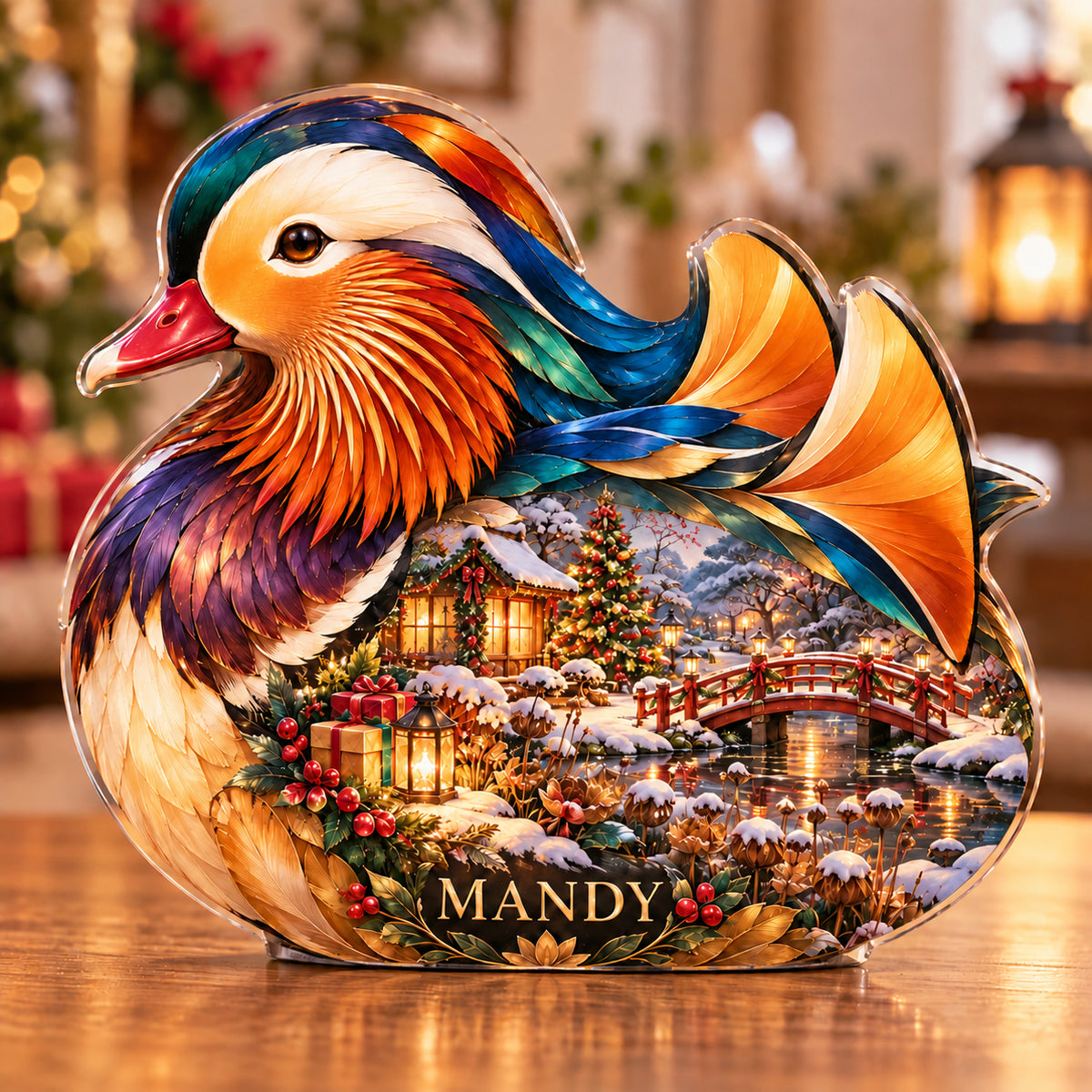Front-view digital preview of a Christmas amber mandarin duck acrylic plaque with example name MANDY integrated into the lowest intrinsic belly feather facets