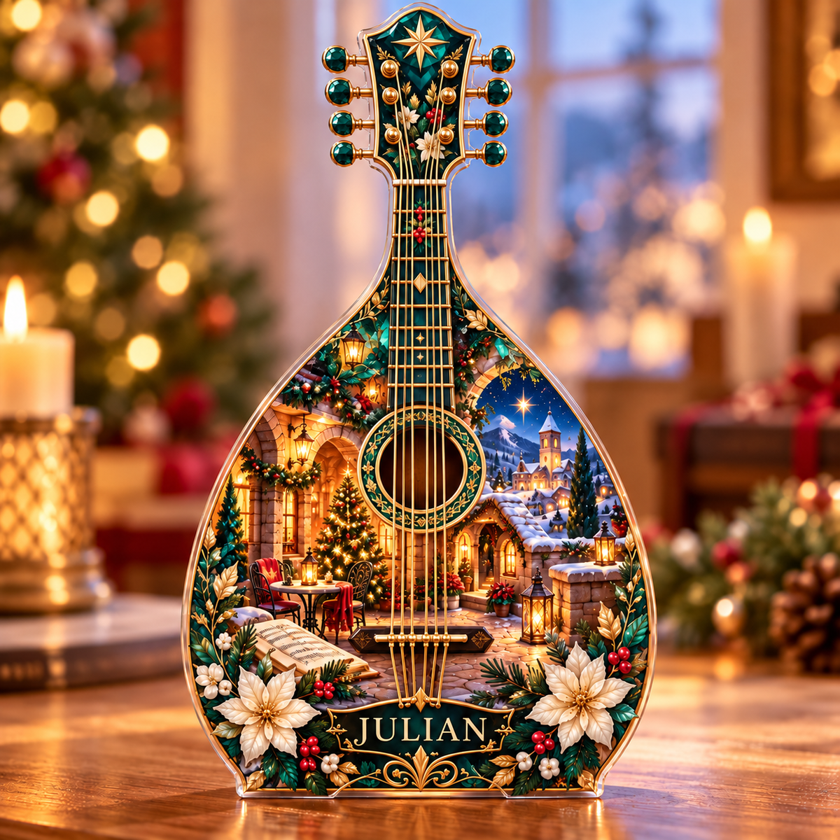 Front-view digital preview of a Christmas mandolin emerald serenade acrylic plaque with example name Julian integrated into the lower mandolin botanical detail