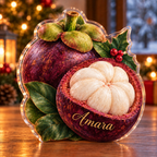 Front-view digital preview of a Christmas mangosteen purple jewel acrylic plaque with example name Amara integrated into the the illustrated lower purple rind name detail