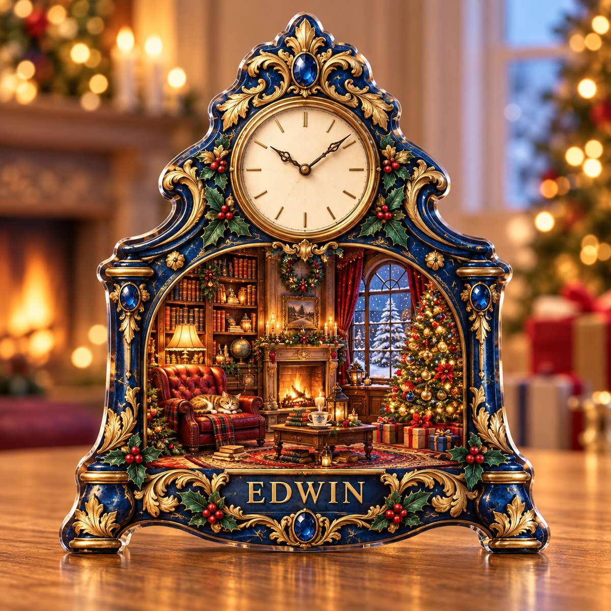 Front-view digital preview of a Christmas mantel clock sapphire library acrylic plaque with example name Edwin integrated into the lower intrinsic clock case detail