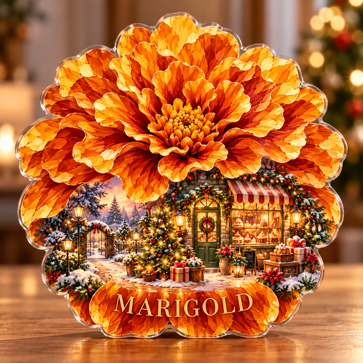Front-view digital preview of a Christmas amber marigold acrylic plaque with example name MARIGOLD integrated into the lowest petal facets