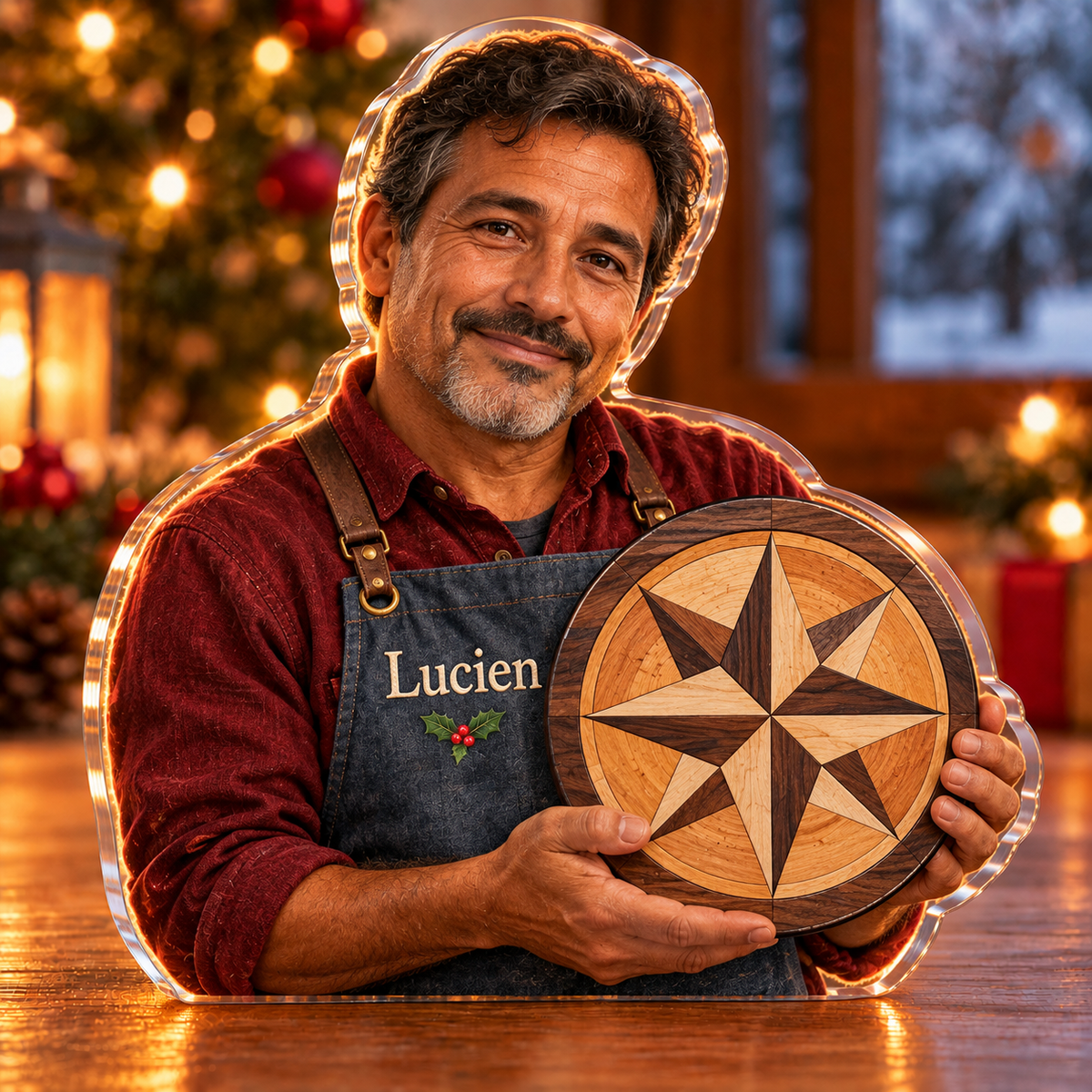 Front-view digital preview of a Christmas marquetry star pride acrylic plaque with example name Lucien integrated into the the illustrated front apron name stitching