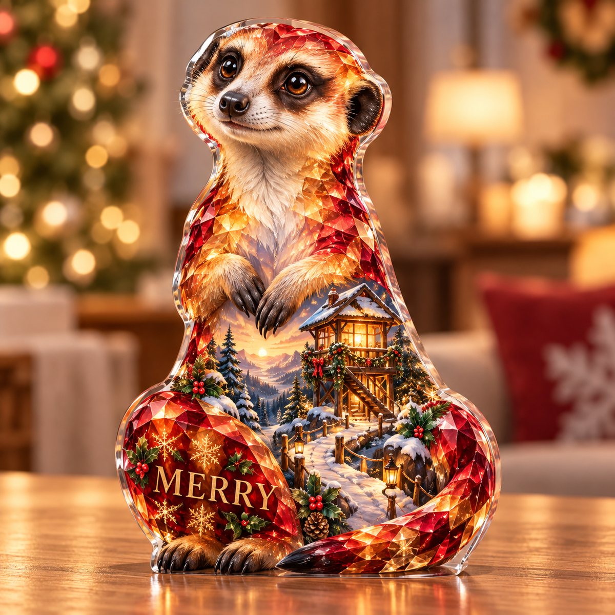 Front-view digital preview of a Christmas meerkat ruby watchhouse acrylic plaque with example name MERRY integrated into the lower haunch detail