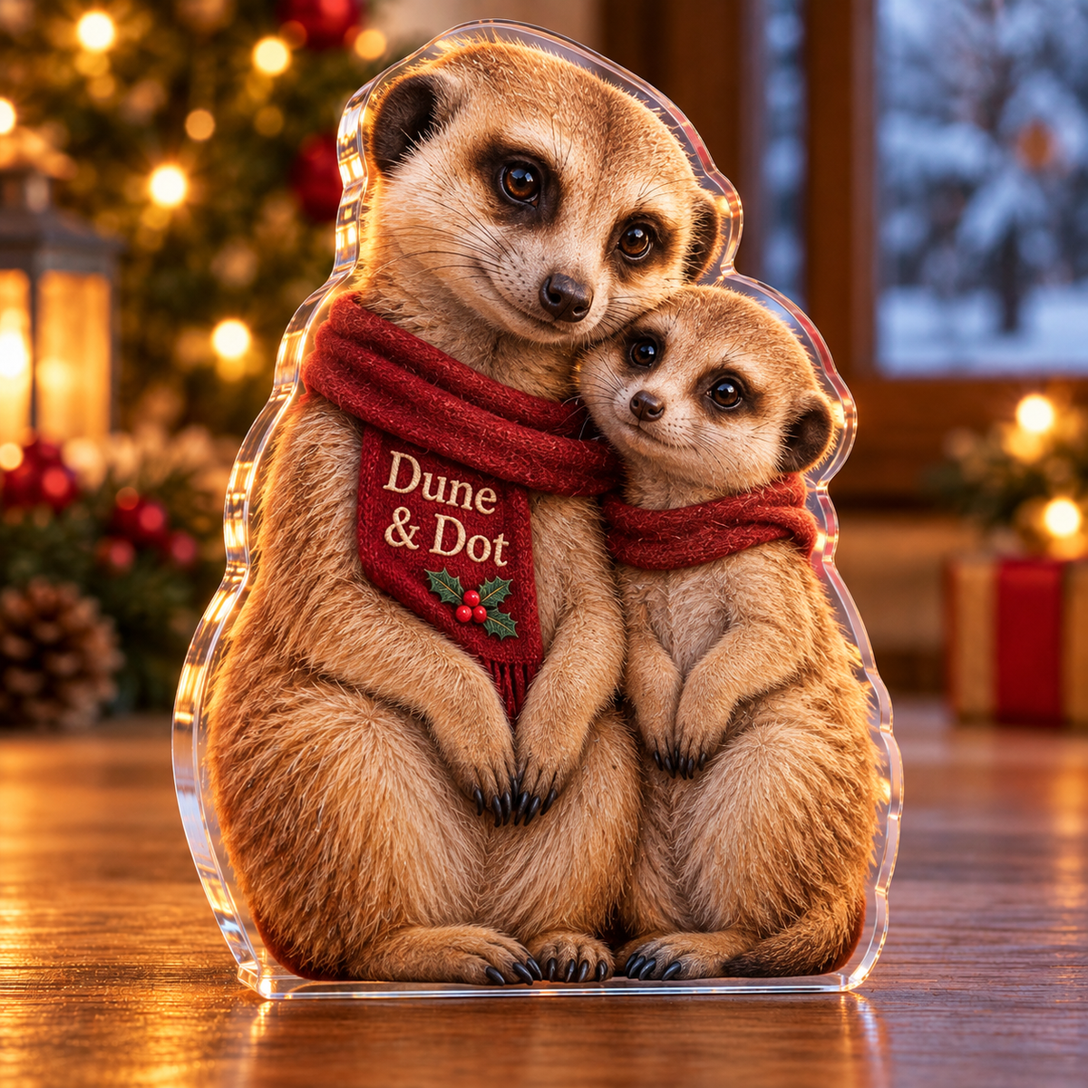 Front-view digital preview of a Christmas meerkat parent pup acrylic plaque with example name Dune & Dot integrated into the front scarf fold name embroidery
