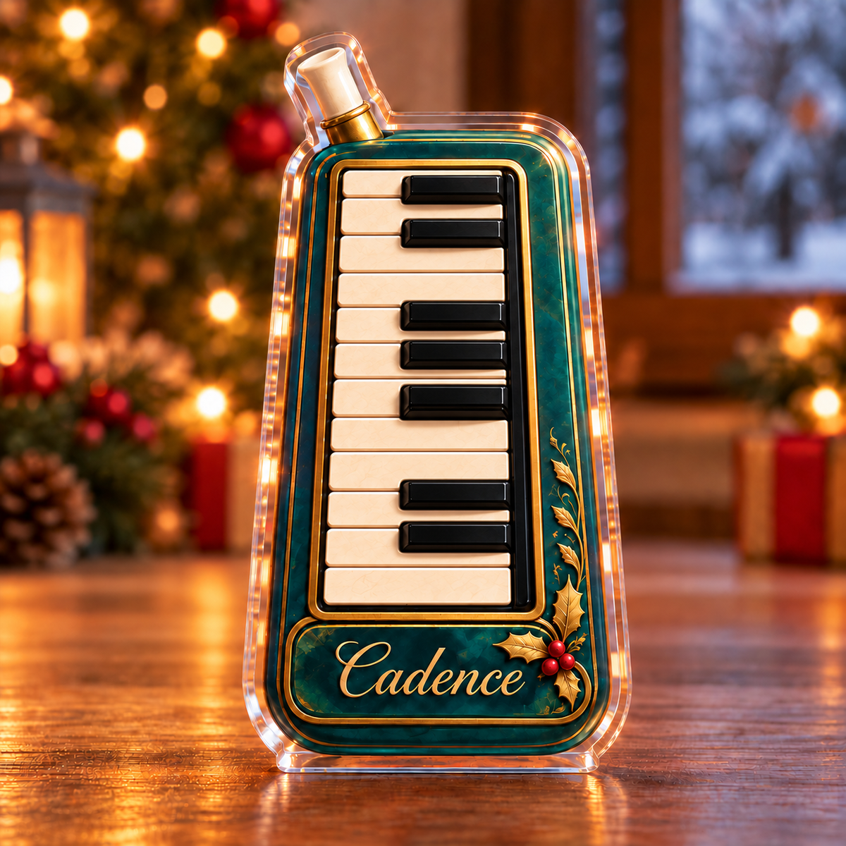 Front-view digital preview of a Christmas melodica carol acrylic plaque with example name Cadence integrated into the melodica front casing name engraving