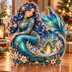 Front-view digital preview of a Christmas mermaid sapphire palace acrylic plaque with example name Serena integrated into the lower tail coral detail