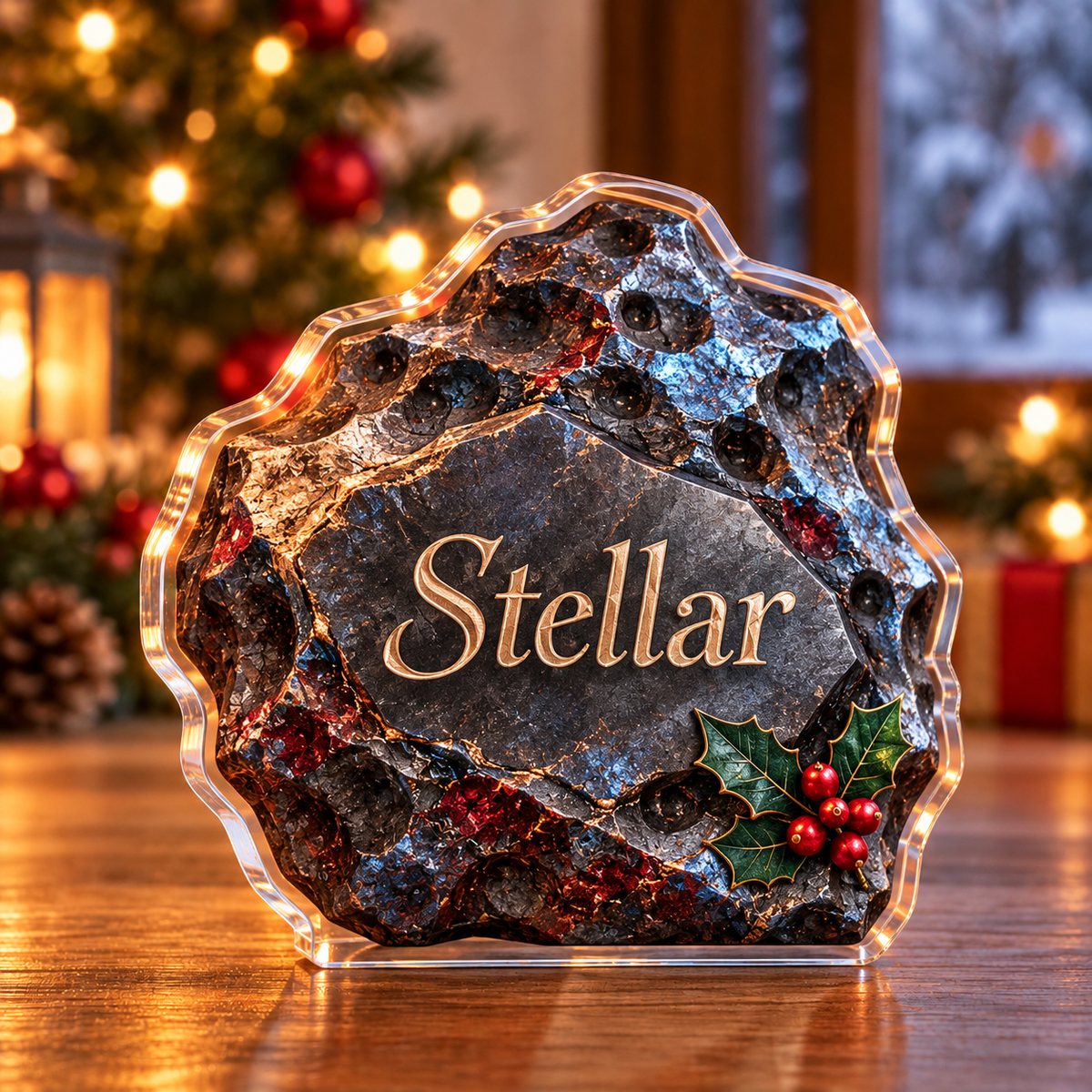 Front-view digital preview of a Christmas meteorite stellar acrylic plaque with example name Stellar integrated into the illustrated stone front facet
