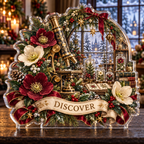 Front-view digital preview of a personalized Christmas microscope botanical study acrylic plaque with example name DISCOVER