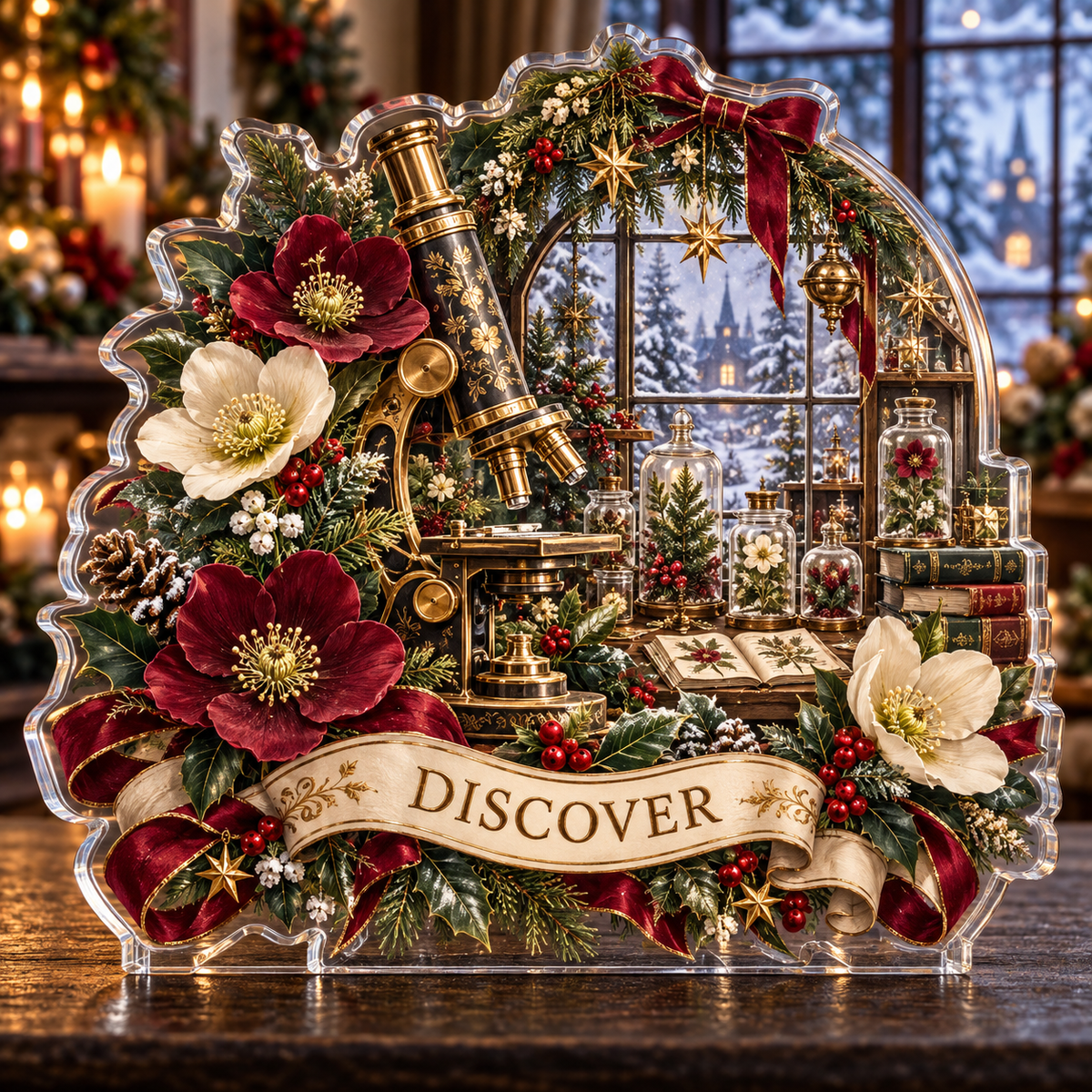 Front-view digital preview of a personalized Christmas microscope botanical study acrylic plaque with example name DISCOVER