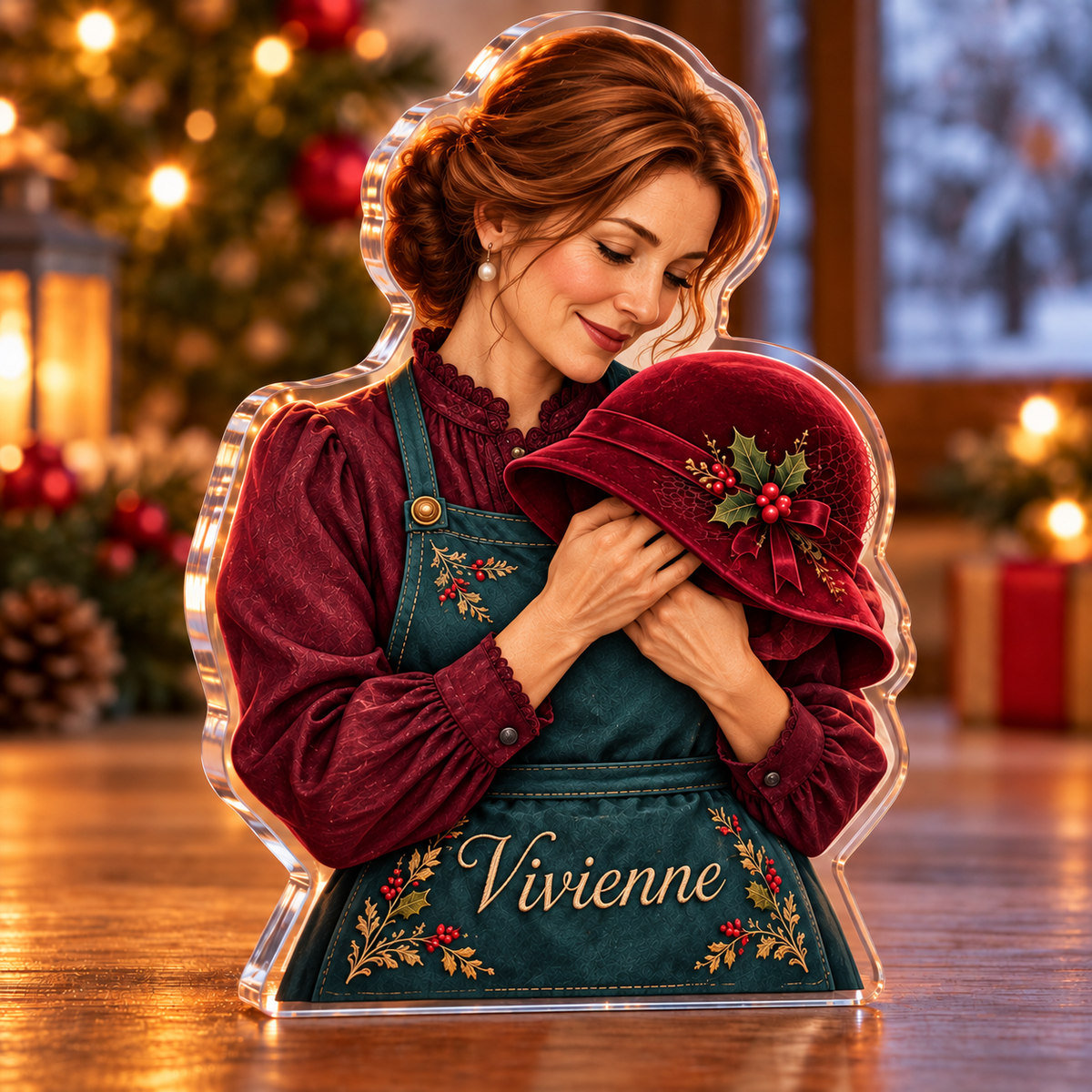 Front-view digital preview of a Christmas milliner velvet hat acrylic plaque with example name Vivienne integrated into the milliner apron front name embroidery