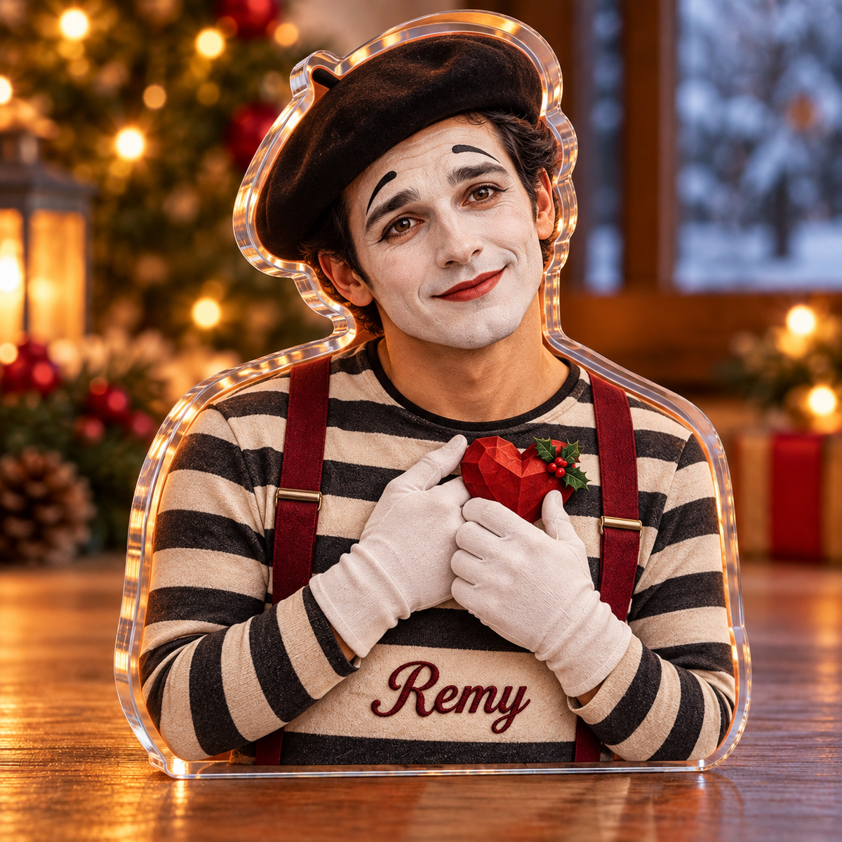Front-view digital preview of a Christmas mime artist heart gesture acrylic plaque with example name Remy integrated into the mime shirt lower front name embroidery