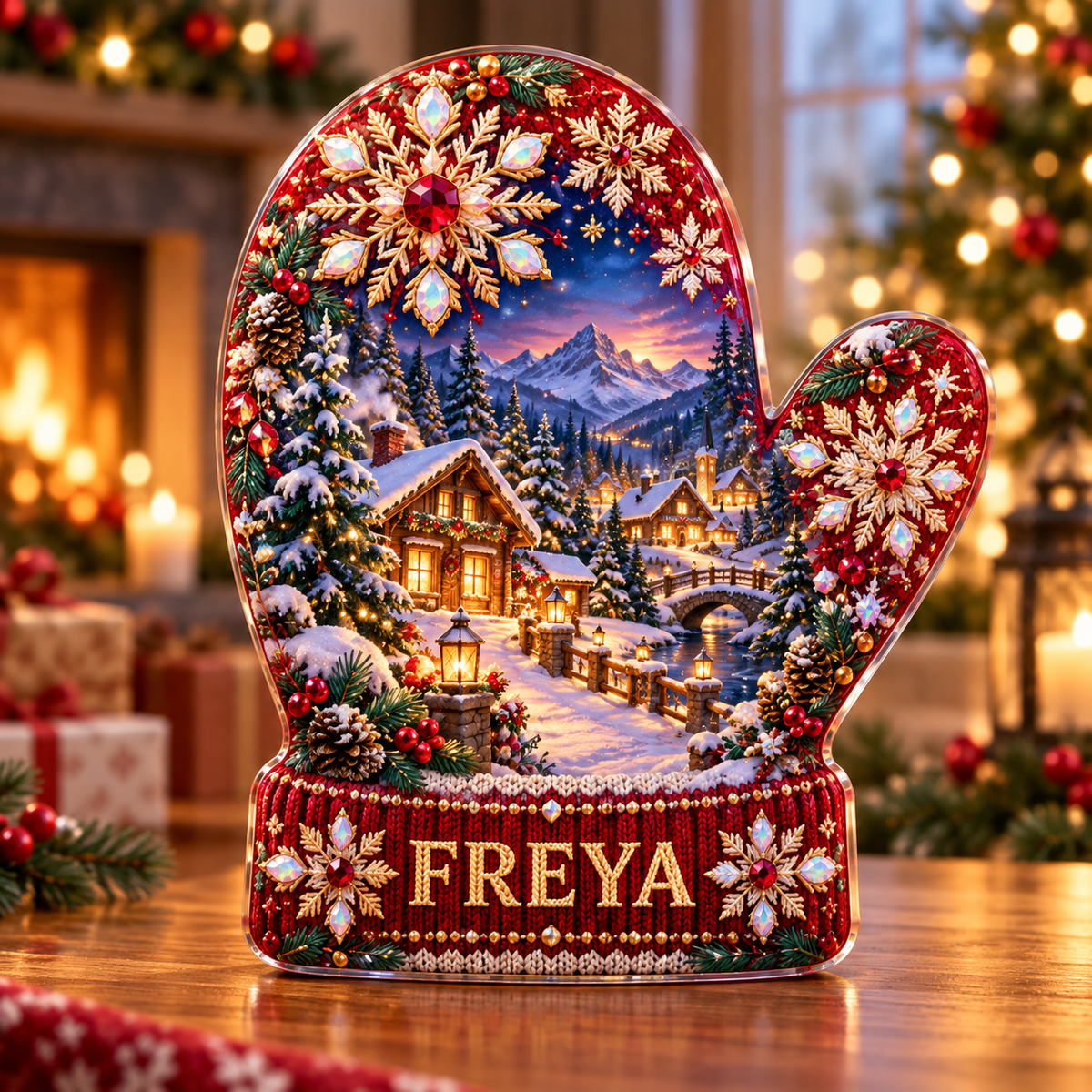 Front-view digital preview of a Christmas mitten ruby chalet acrylic plaque with example name Freya integrated into the lower intrinsic mitten cuff detail