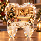 Front-view digital preview of a Christmas molar tooth opal smilestudio acrylic plaque with example name DENTON integrated into the lower tooth facets