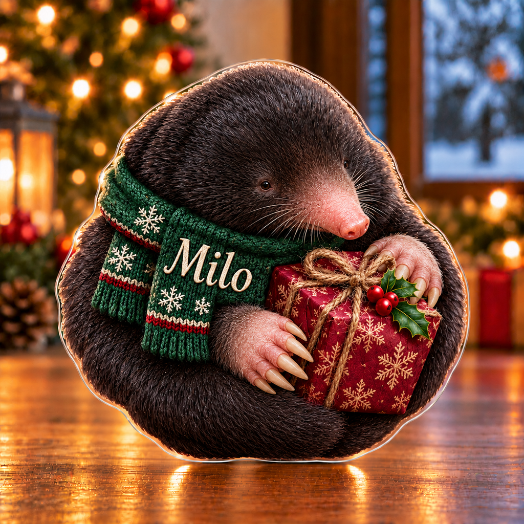 Front-view digital preview of a Christmas mole small winter wish acrylic plaque with example name Milo integrated into the scarf front