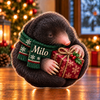Front-view digital preview of a Christmas mole small winter wish acrylic plaque with example name Milo integrated into the scarf front