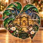 Front-view digital preview of a Christmas monstera emerald glasshouse acrylic plaque with example name Jade integrated into the lower leaf floral detail
