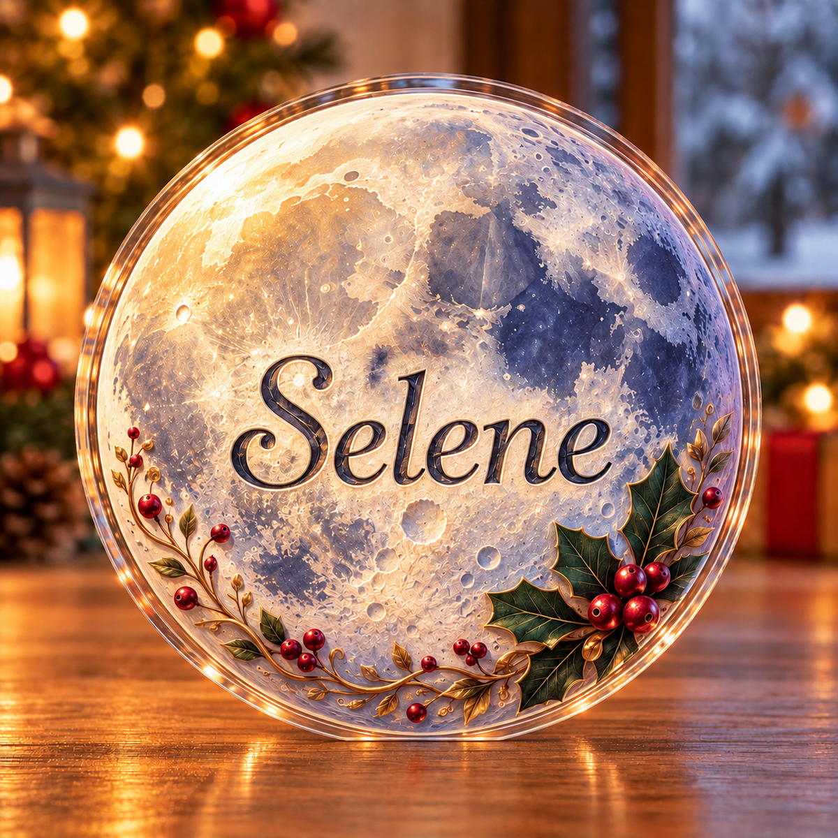 Front-view digital preview of a Christmas moon pearl glow acrylic plaque with example name Selene integrated into the illustrated lunar front name panel